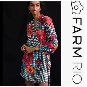 Farm Rio Gingham Floral Wrap Mini Dress Size Large